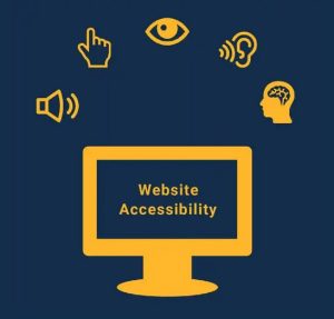 computer monitor displaying the words "website accessibility" and icons of the five senses above the monitor