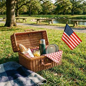 Picnic basket on grass near a blanket and an American flag