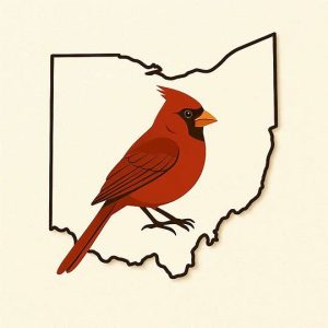 outline of state of Ohio with a cardinal in the center